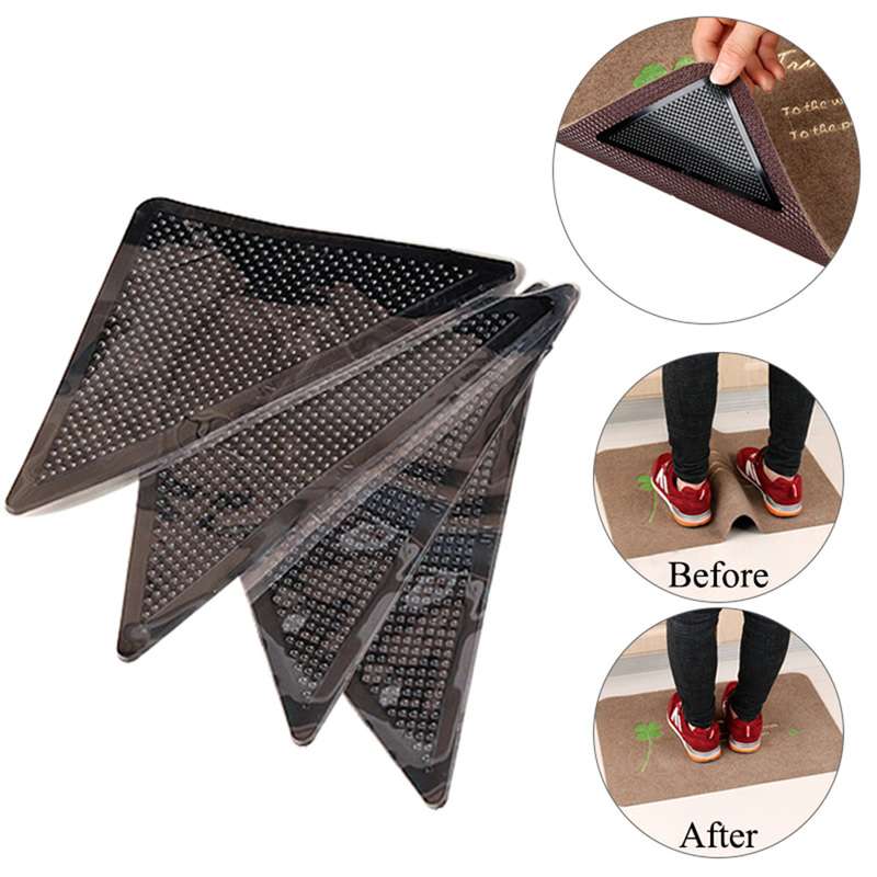 Home Floor Rug Carpet Mat Grippers 4Pcs Self-adhesive Anti Slip Tri Sticker Reusable Silicone Grip Floor Pads Sticker